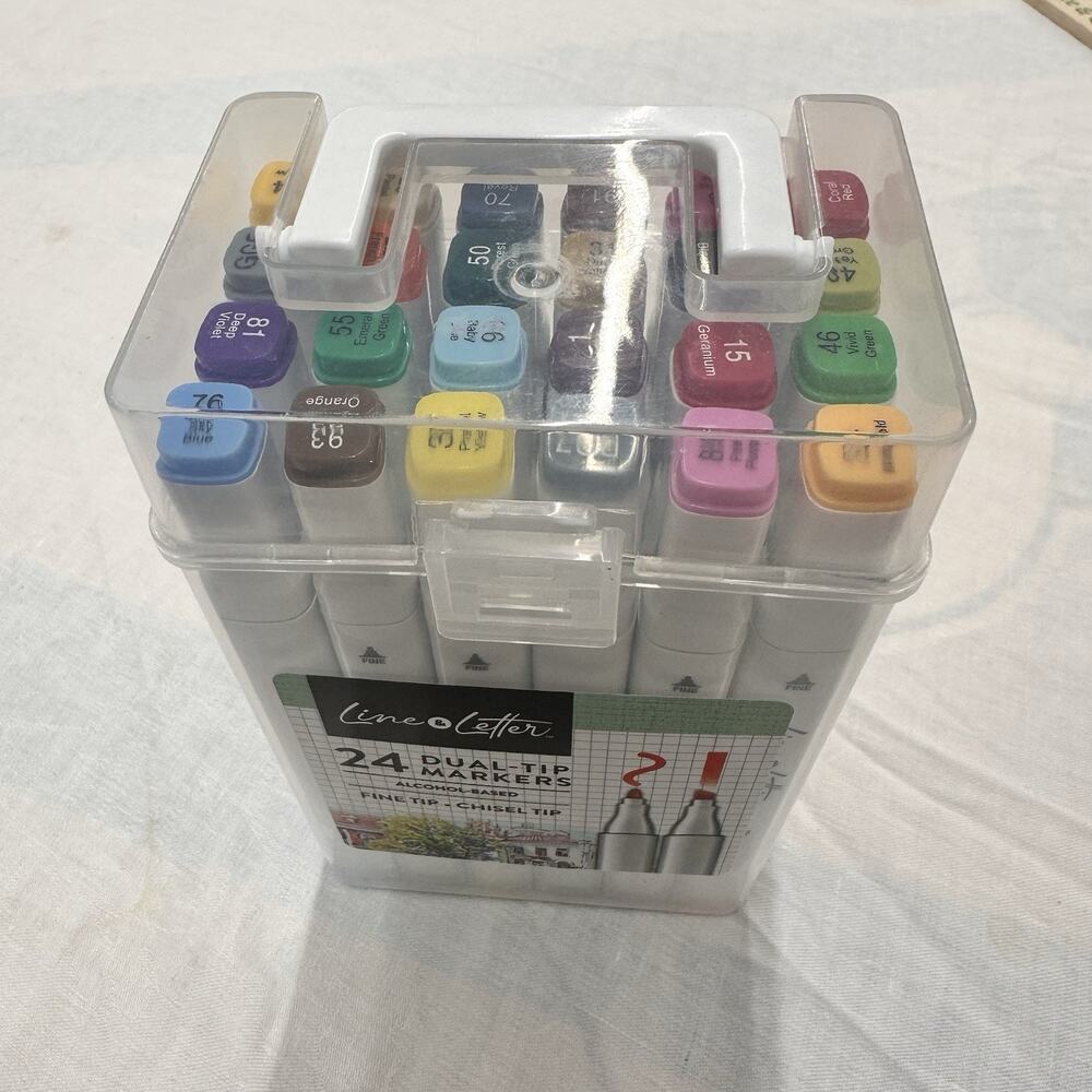 Line-o-letter 24pc Dual Tip Alcohol Markers Set art Fine Chisel w/ Case NEW
